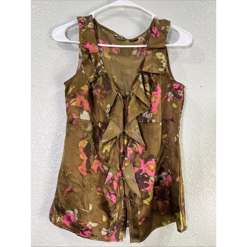 Eddie Bauer Silk Floral Ruffle Blouse Women XS Brown Sleeveless Shabby Romantic